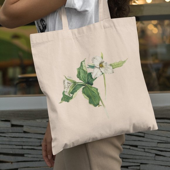 Outfit Bits Handbags - White Trillium Vintage Watercolor Floral Print Graphic Canvas Tote Bag